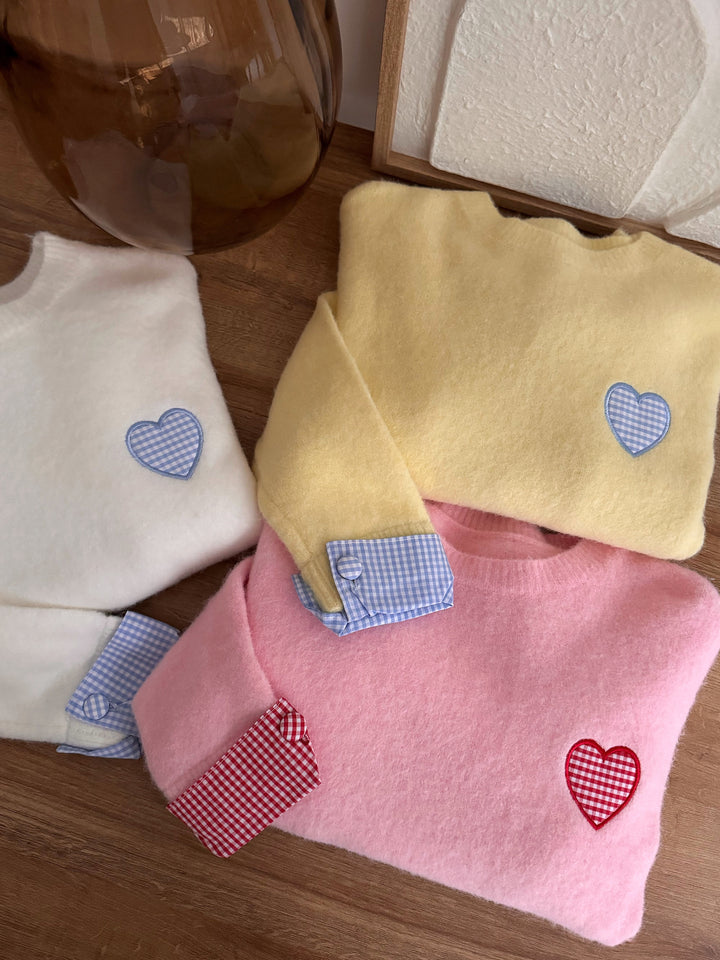 AVELINO white embroidered gingham print heart sweater