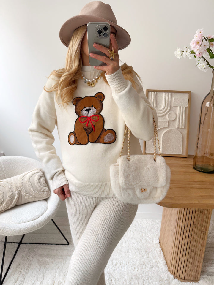 Embroidered teddy bear knit BEAR - white