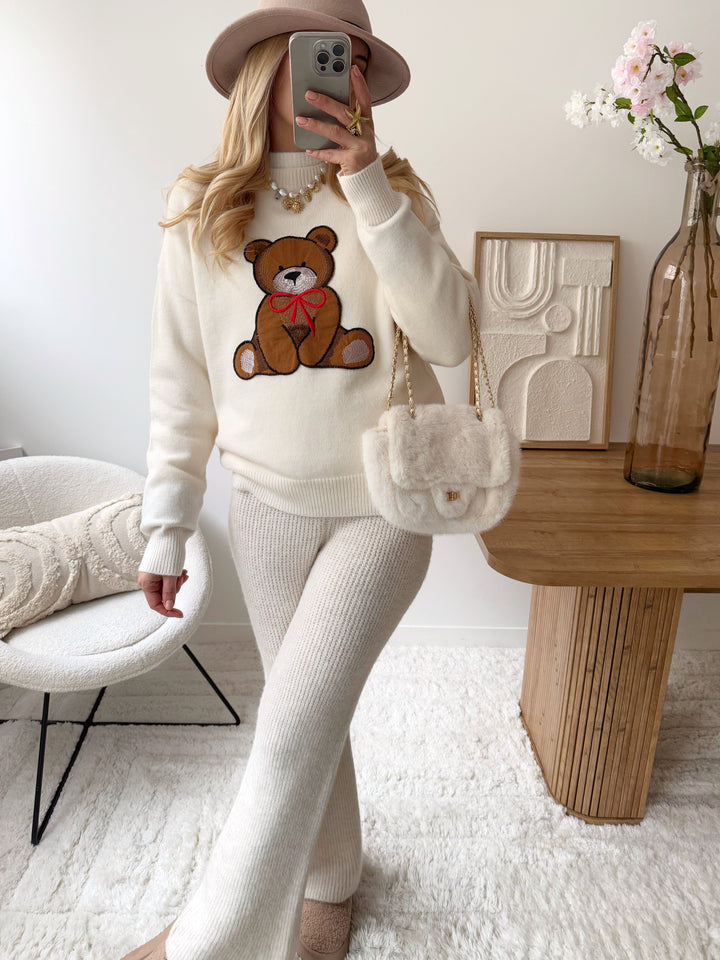 Embroidered teddy bear knit BEAR - white
