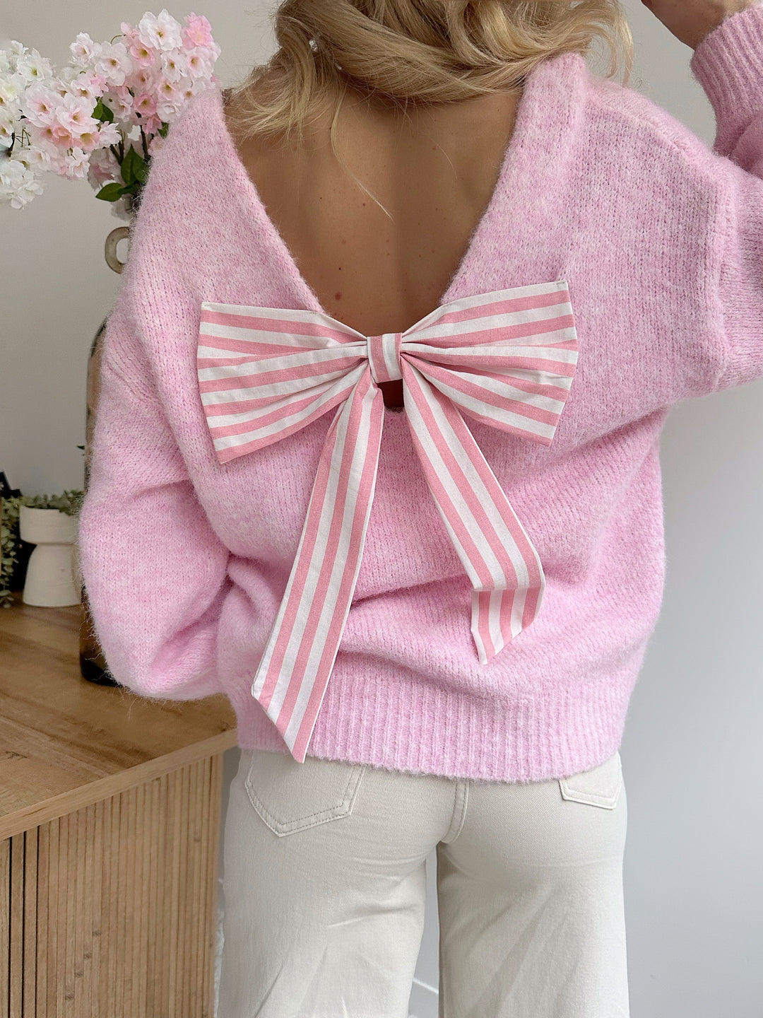 EMRULA pink striped bow knit