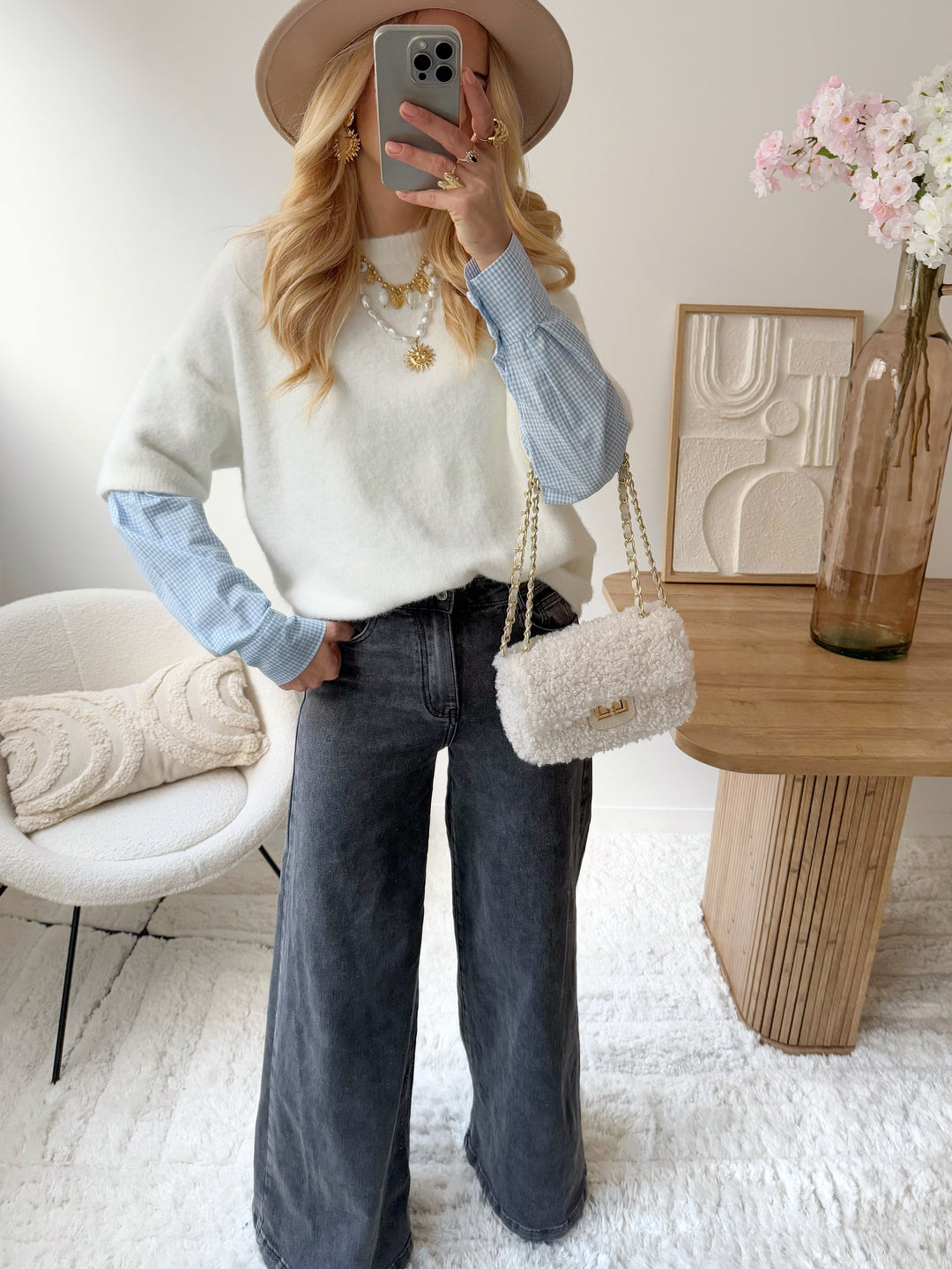 LUCERA ecru 2-in-1 shirt-sleeve sweater